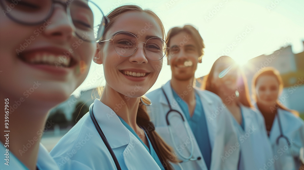 A group of people wearing white lab coats and glasses are smiling for a photo A group of people wearing white lab coats and glasses are smiling for a photo