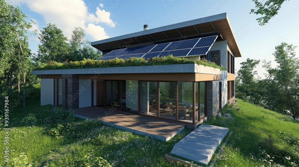 Modern House with Green Roof and Solar Panels in a Forested Setting Modern House with Green Roof and Solar Panels in a Forested Setting