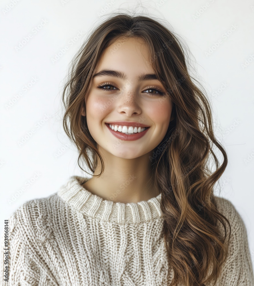 Portrait of a beautiful young woman with brown hair smiling and looking at the camera Portrait of a beautiful young woman with brown hair smiling and looking at the camera