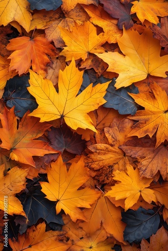 Autumn background made of orange and yellow maple leaves on the ground, top view