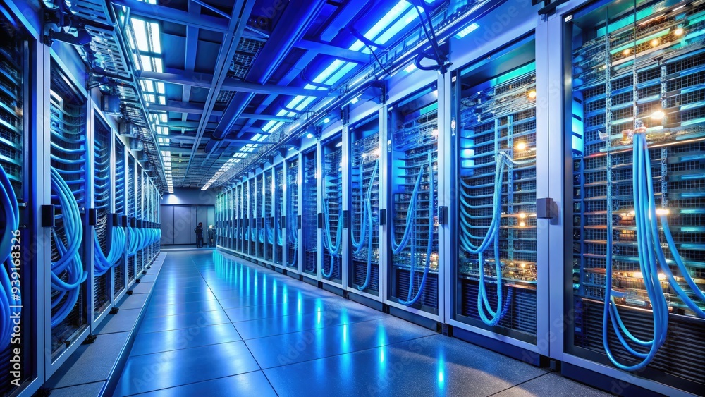 Fototapeta premium Modern server room with rows of blinking high-performance computers, colorful cables, and advanced technology equipment, illuminated by soft blue and white LED lighting.
