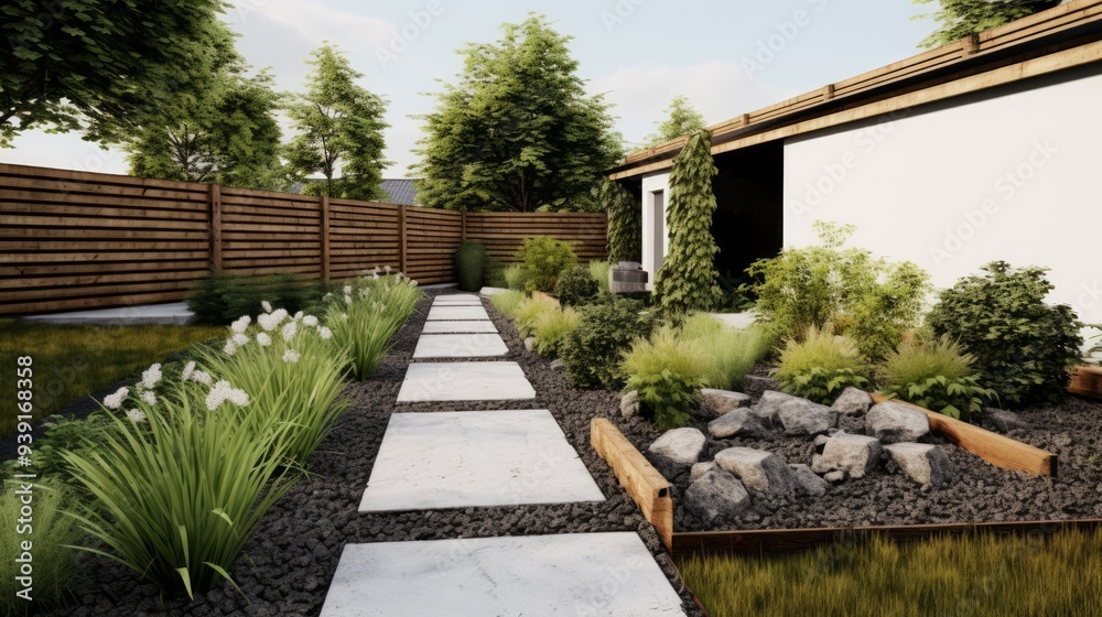 Backyard of rich residential house with green plants and grass lawn. Neural network ai generated art Backyard of rich residential house with green plants and grass lawn. Neural network ai generated art