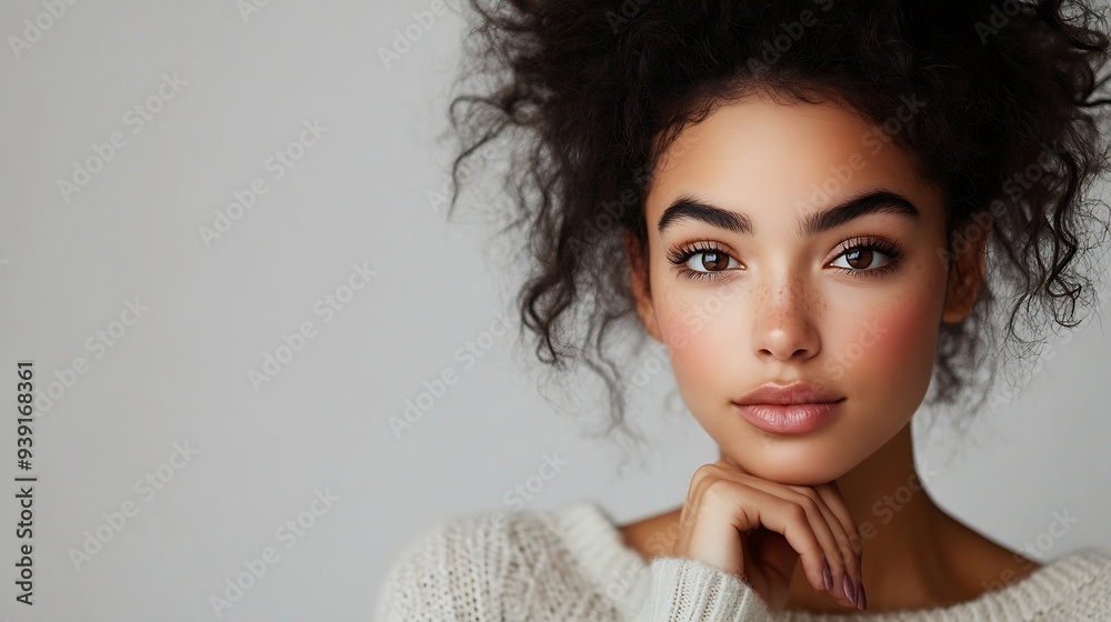 Isolated portrait of stylish young mixed race woman with dark shaggy hair touching her chin and looking sideways with doubtful and sceptical expression suspecting her boyfriend of lyin : Generative AI Isolated portrait of stylish young mixed race woman with dark shaggy hair touching her chin and looking sideways with doubtful and sceptical expression suspecting her boyfriend of lyin : Generative AI
