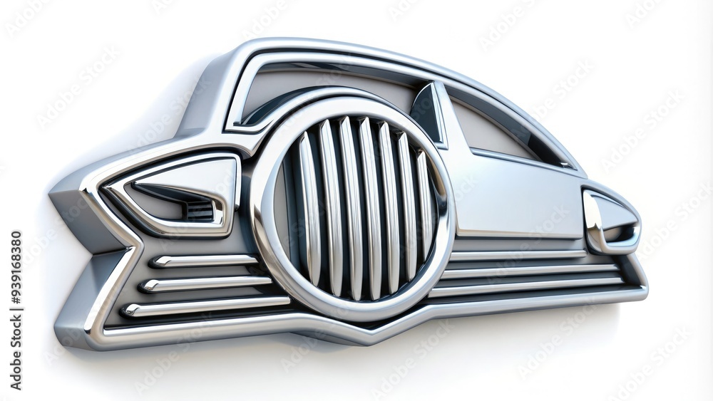 Modern silver luxury car badge isolated on white background featuring stylized letterforms and sleek curved lines symbolizing sophistication and high-performance engineering excellence. Modern silver luxury car badge isolated on white background featuring stylized letterforms and sleek curved lines symbolizing sophistication and high-performance engineering excellence.