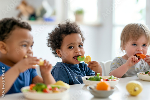 Three children are eating vegetables at a table