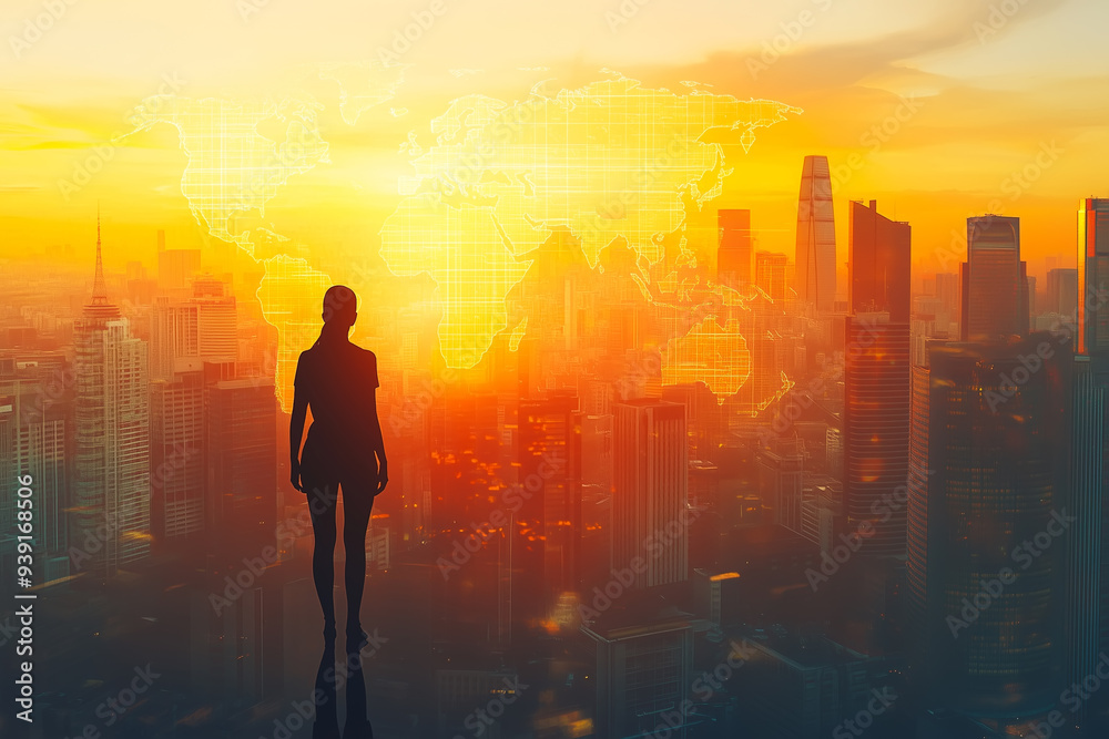 Businesswoman confidently stands in front of an urban skyline with a world map overlay Businesswoman confidently stands in front of an urban skyline with a world map overlay