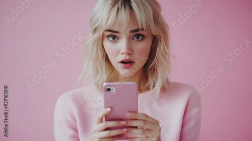 Blonde young female with pleasant appearance looks with terrified expression in smart phone reads shocking news on webpage isolated over pink background Woman indicates at digital tele : Generative AI