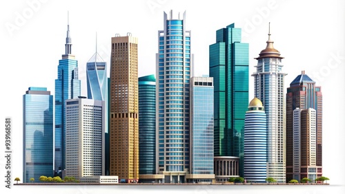 Modern skyscrapers and old architecture buildings isolated on a white background, showcasing various styles and designs in a clean and minimalist composition.