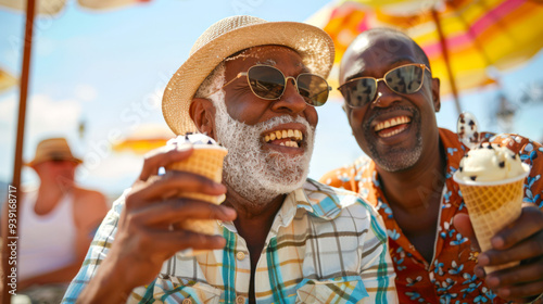 Two black elderly men in sunglasses are smiling and holding ice cream cones in their hands. A couple of gay lovers are sitting under an umbrella and enjoying a sunny day