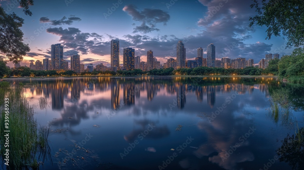 City Skyline Reflected in a Calm Lake at Sunset City Skyline Reflected in a Calm Lake at Sunset
