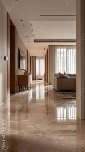 Unoccupied modern apartment living room with hallway  photo