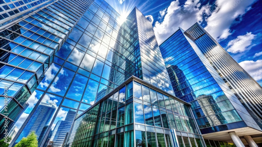 Fototapeta premium Modern transparent glass and steel architecture of a sleek high-rise building reflecting a vibrant blue sky and cityscape in its shiny facade.
