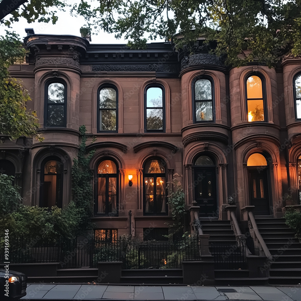 Historic Brownstone Bathed in Early Evening Glow: A Timeless Scene Historic Brownstone Bathed in Early Evening Glow: A Timeless Scene