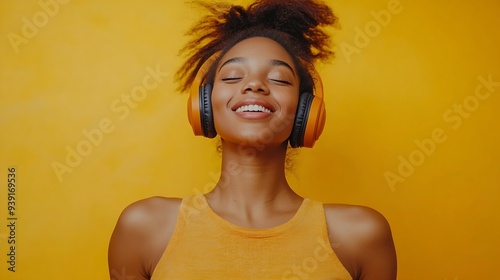 Cheerful young African American bloggers enjoy favourite playlist in headphones listens audio in music app feels happiness dance actively against yellow background move emotionally hav : Generative AI