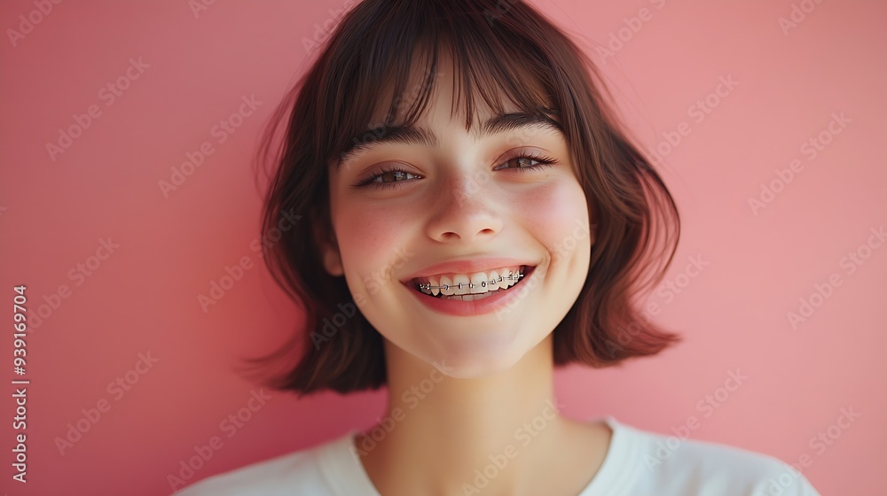 Portrait of happy female with broad smile wears brackets on teeth and casual white t shirt poses against pink background Attractive woman with bobbed hairstyle being in good mood after : Generative AI Portrait of happy female with broad smile wears brackets on teeth and casual white t shirt poses against pink background Attractive woman with bobbed hairstyle being in good mood after : Generative AI