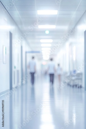 Blurred view of a hospital hallway with people walking towards the end of the corridor.