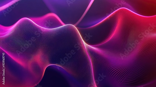 A dynamic, abstract background with a gradient from violet to burgundy and red, with wavy lines and neon glow.