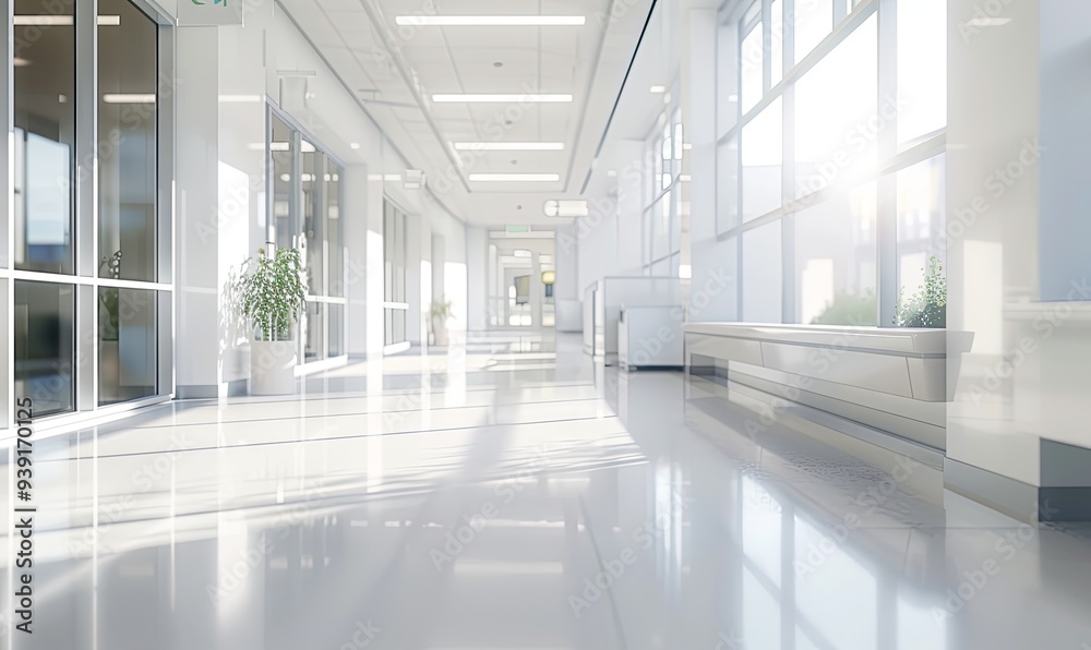 White hallway with windows, sunlight, and plants. White hallway with windows, sunlight, and plants.