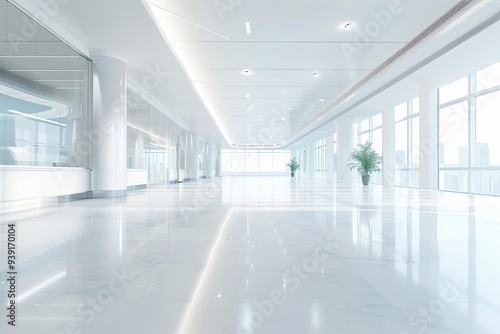 Wallpaper Mural Empty white corridor with large windows, glass walls, and light reflecting off the polished marble floor. Torontodigital.ca