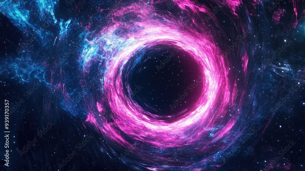 A dynamic cosmic background featuring a black hole with spinning pink and blue neon lines, creating a vibrant vortex in space A dynamic cosmic background featuring a black hole with spinning pink and blue neon lines, creating a vibrant vortex in space