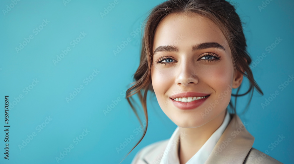 Smiling businesswoman in business suit on blue background Smiling businesswoman in business suit on blue background