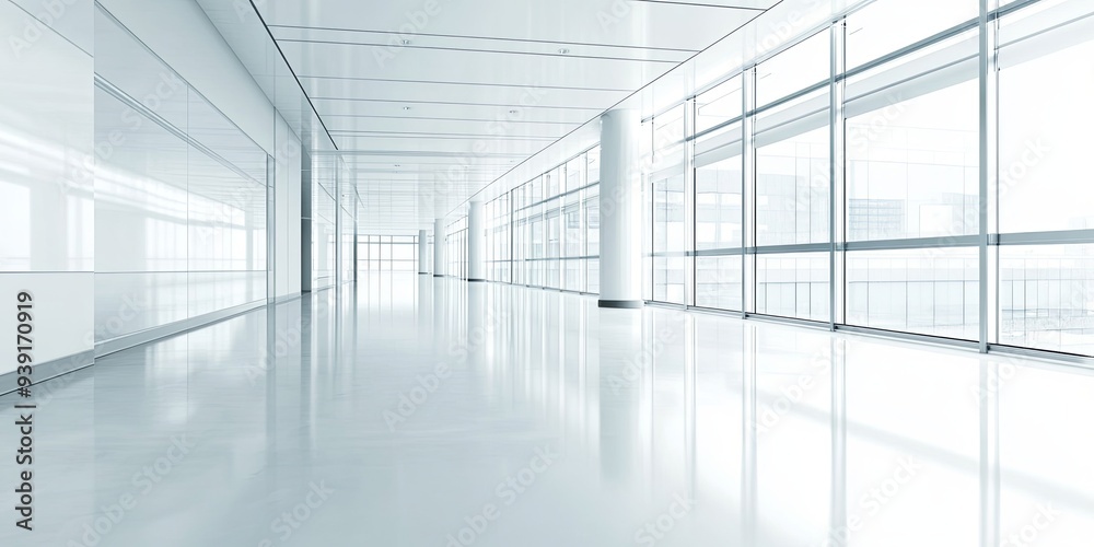 A modern office hallway with large windows and a white tiled floor. A modern office hallway with large windows and a white tiled floor.