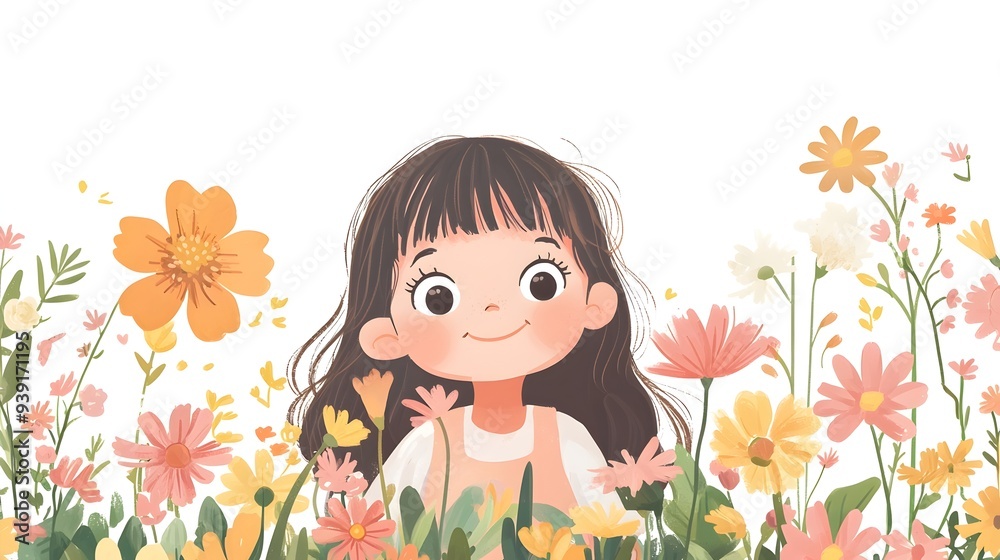 Cheerful Young Girl Exploring and Playing in Flower Meadow Cheerful Young Girl Exploring and Playing in Flower Meadow