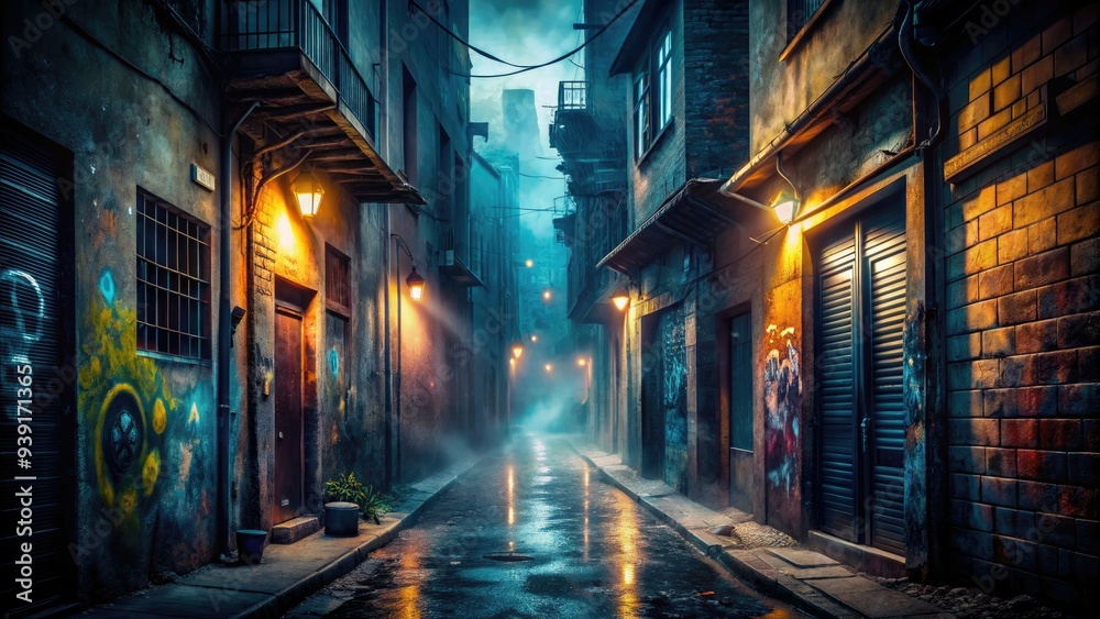 narrow, dimly lit alleyway with graffiti-covered walls, eerie shadows, and a faint city glow peeking through the misty atmosphere. narrow, dimly lit alleyway with graffiti-covered walls, eerie shadows, and a faint city glow peeking through the misty atmosphere.