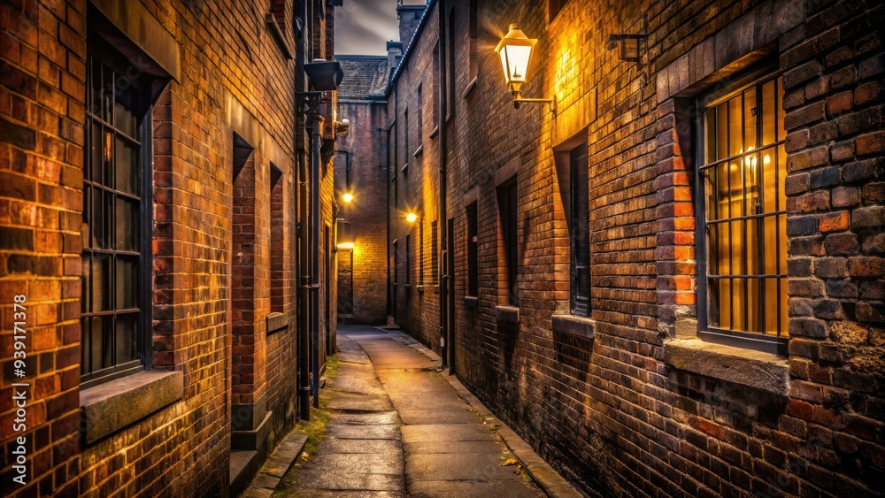 Narrow, dimly lit alleyway with old, worn brick walls and a few windows, creating a sense of depth and mystery in a vertical frame. Narrow, dimly lit alleyway with old, worn brick walls and a few windows, creating a sense of depth and mystery in a vertical frame.