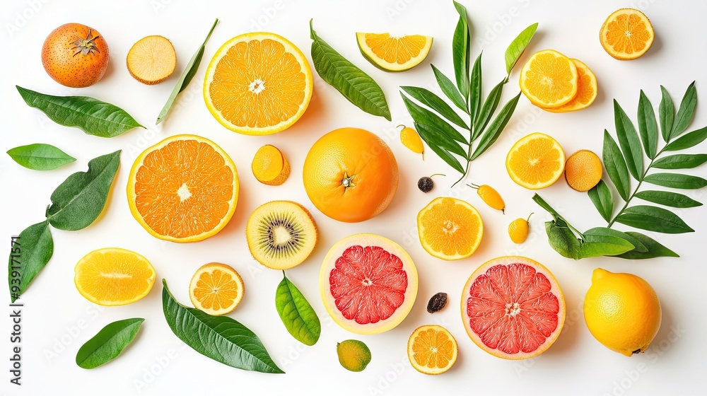A fresh and vibrant composition of various fruits with leaves, isolated on a white background, perfect for clean and modern designs. A fresh and vibrant composition of various fruits with leaves, isolated on a white background, perfect for clean and modern designs.