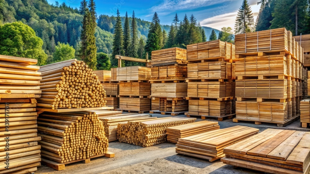 Neatly organized stacks of freshly cut lumber, with varying sizes and textures, sit atop each other in a well-arranged outdoor storage facility. Neatly organized stacks of freshly cut lumber, with varying sizes and textures, sit atop each other in a well-arranged outdoor storage facility.