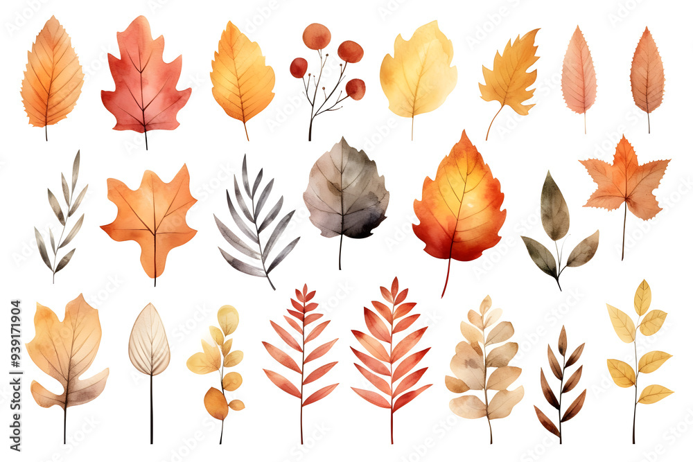 Obraz premium Watercolor autumn yellow leaves and plants collection isolated on white background