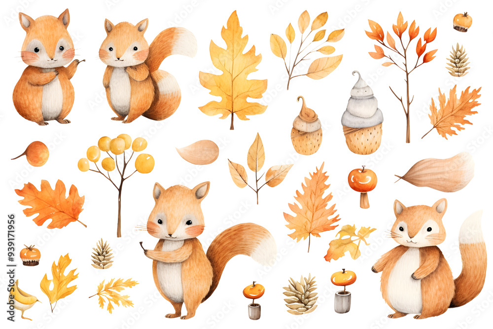 Fototapeta premium Watercolor autumn yellow leaves and plants collection isolated on white background