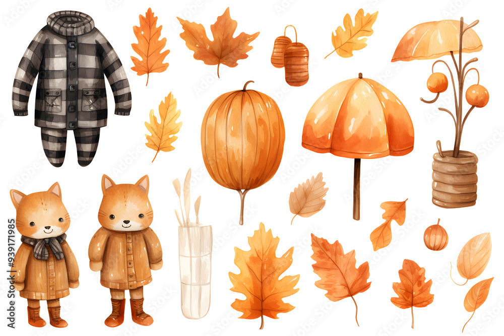 Obraz premium Watercolor autumn yellow leaves and plants collection isolated on white background