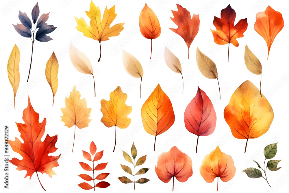 Fototapeta premium Watercolor autumn yellow leaves and plants collection isolated on white background