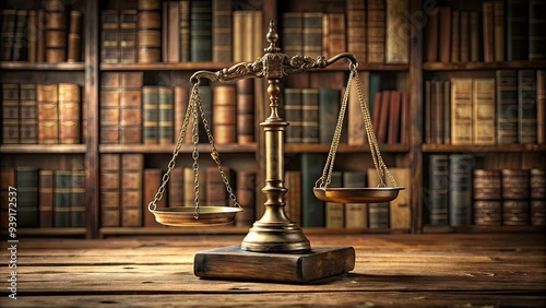 Old-fashioned brass scales of justice sit atop a worn wooden pedestal, surrounded by law books, symbolizing fairness, equality, and impartial judgment in a vintage setting.