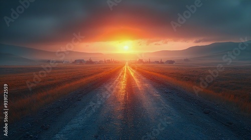 Stunning Sunset Over Dirt Road Fields Mountains Rural Landscape