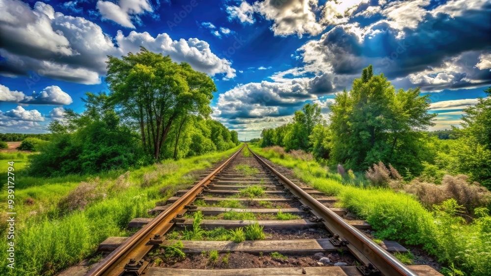 Old rusty railroad tracks intersect with a worn asphalt road, surrounded by lush green vegetation and a bright blue sky with puffy white clouds. Old rusty railroad tracks intersect with a worn asphalt road, surrounded by lush green vegetation and a bright blue sky with puffy white clouds.