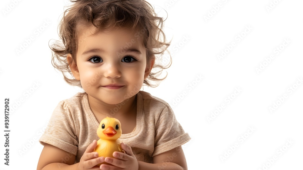 Cheerful Toddler Girl Playing with Plush Toy Duck in Studio