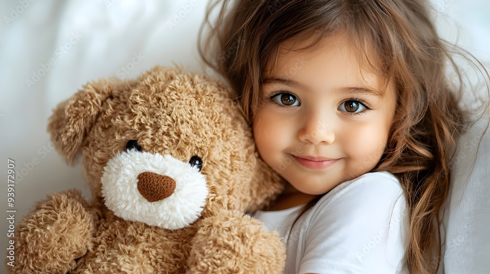 Cheerful Girl Cuddling Soft Teddy Bear by Window at Home Cheerful Girl Cuddling Soft Teddy Bear by Window at Home