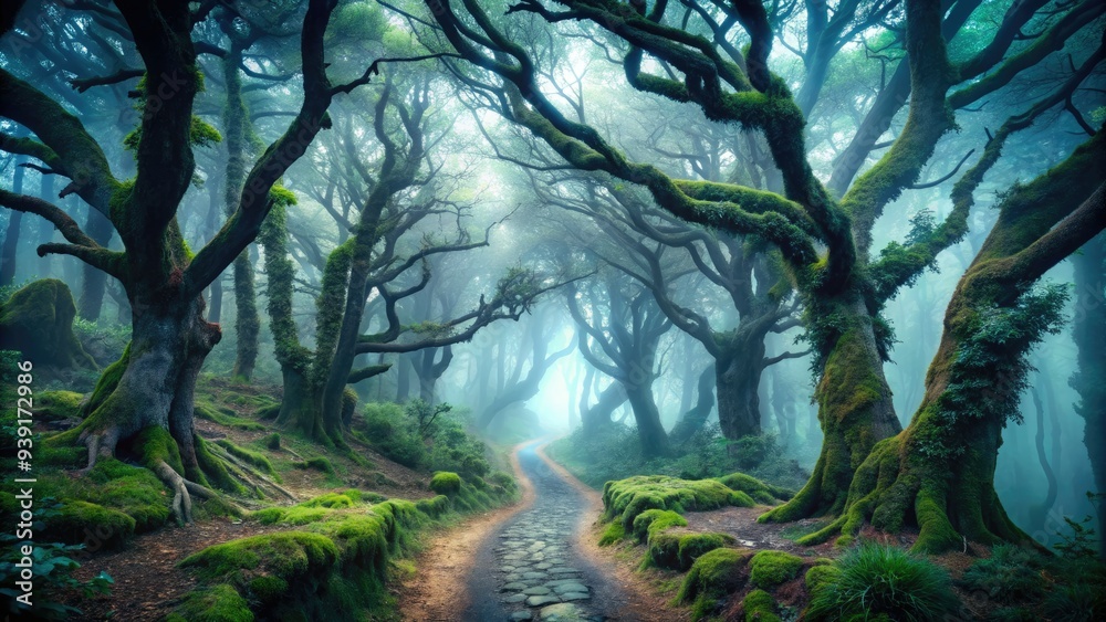 Fototapeta premium Ominous, misty forest with twisted, gnarled trees, eerie fog, and an abandoned, overgrown pathway, evoking a sense of foreboding and unease.