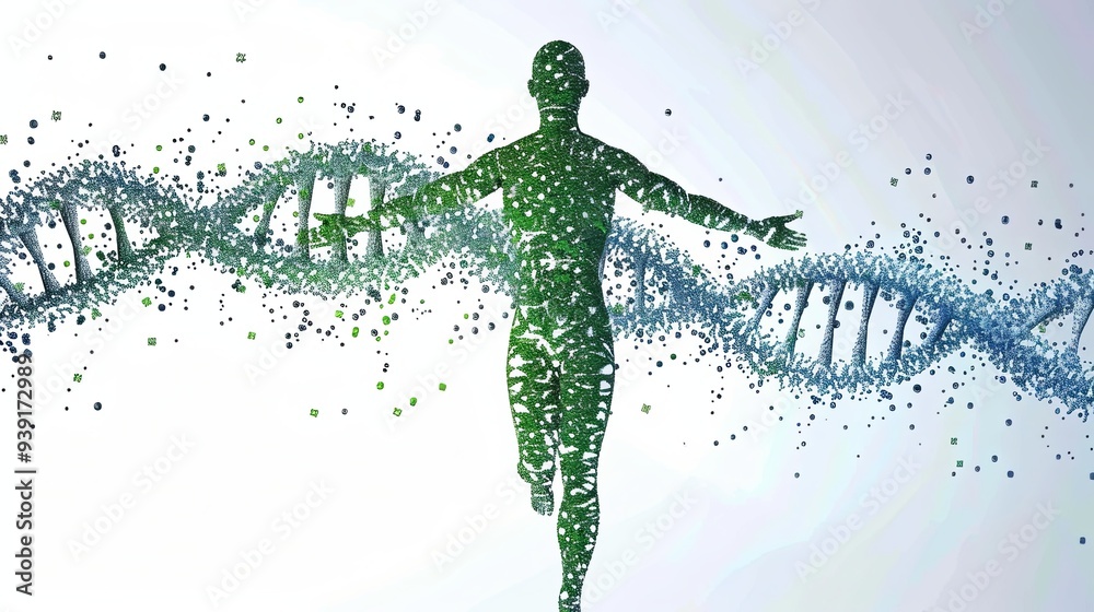 Obraz premium Abstract human figure made of green dots with a DNA strand made of blue dots behind it on a white background.