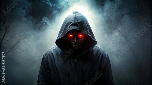 Ominous dark silhouette of a figure with glowing red eyes lurking in the shadows, embodying malevolent presence and foreboding sense of evil intent.