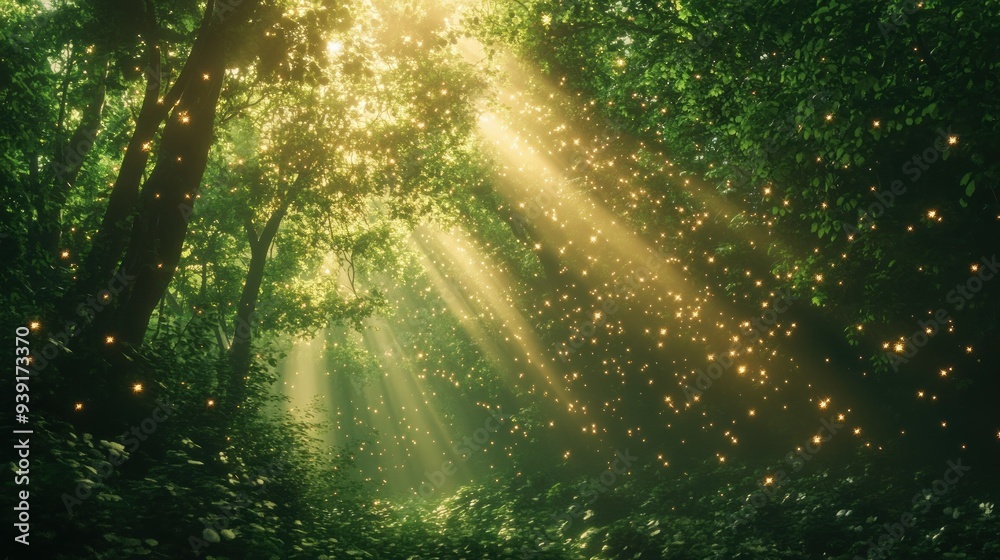 Fototapeta premium Sunbeams Through a Lush Green Forest with Glowing Lights