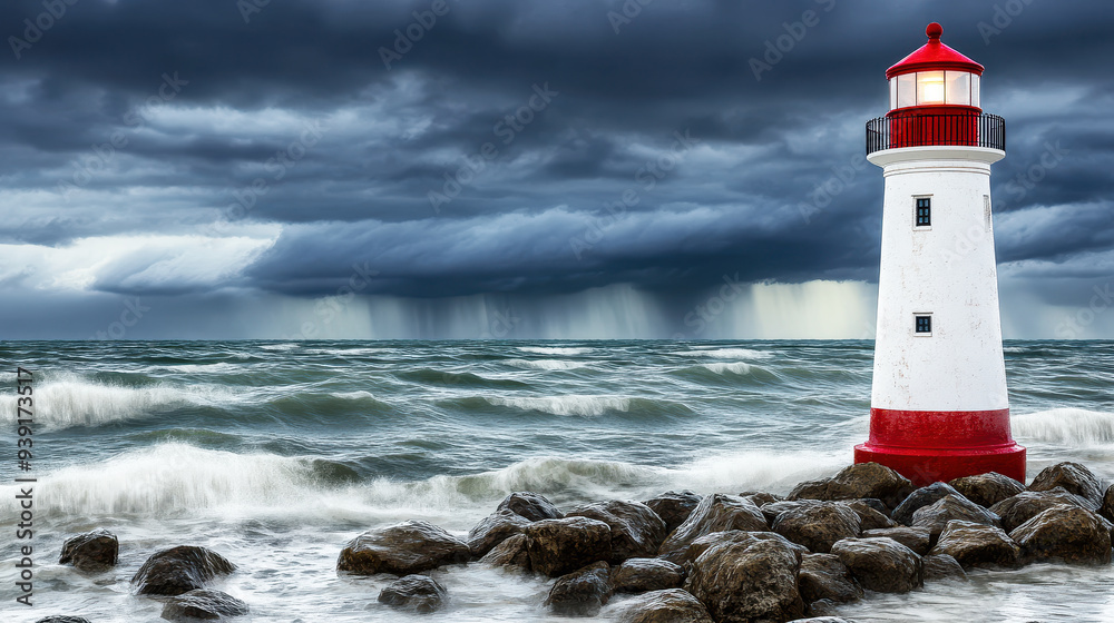 Obraz premium Lighthouse with stormy sea in the background
