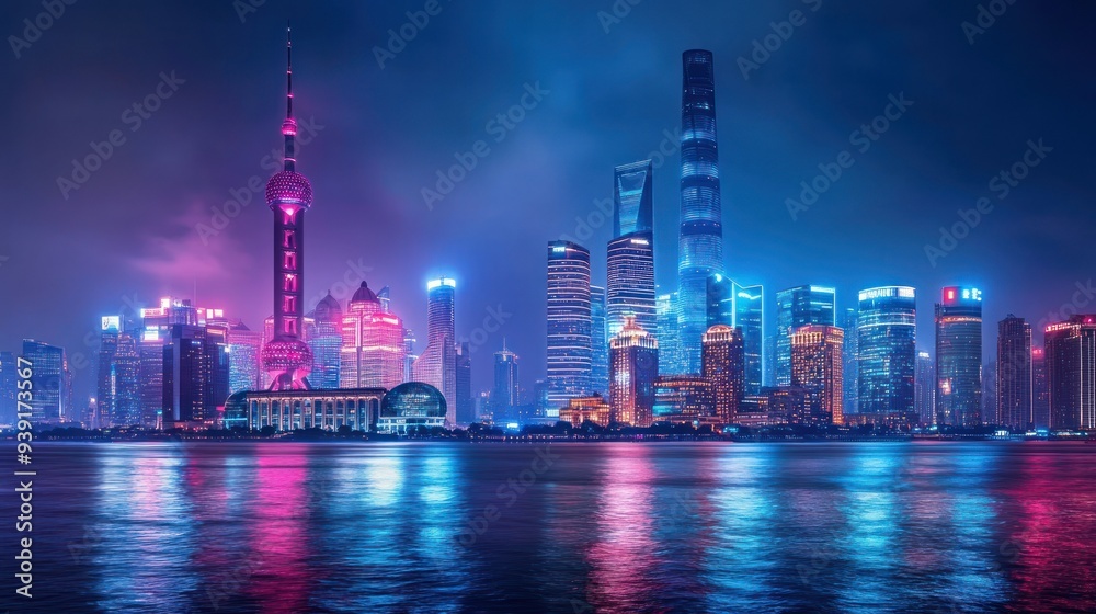 Illuminated Skyscrapers Reflecting in the Water at Night Illuminated Skyscrapers Reflecting in the Water at Night