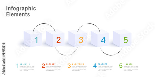 Business process chart infographics with 5 step cubes. Cubic corporate workflow graphic elements. Vector infographics design