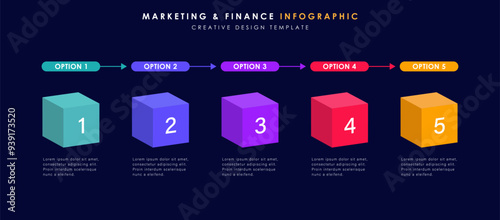 Infographic template and 5 options or steps. 3d Multicolored cubes. Workflow layout, diagram, banner, webdesign. Vector illustration
