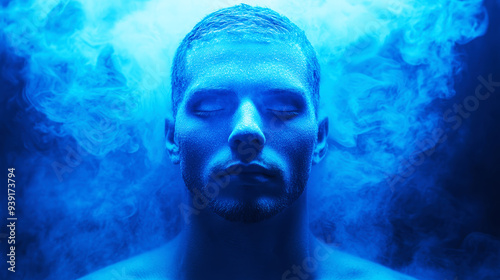 Man standing in blue cryotherapy chamber. Cold exposure background concept photo