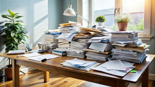 Overflowing desk cluttered with unpaid bills, credit card statements, and past-due notices, symbolizing overwhelming financial stress and household debt struggles. photo